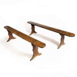 A PAIR OF ANTIQUE FRUITWOOD BENCHES of narrow proportions, each 195cm in length x 18cm deep at the