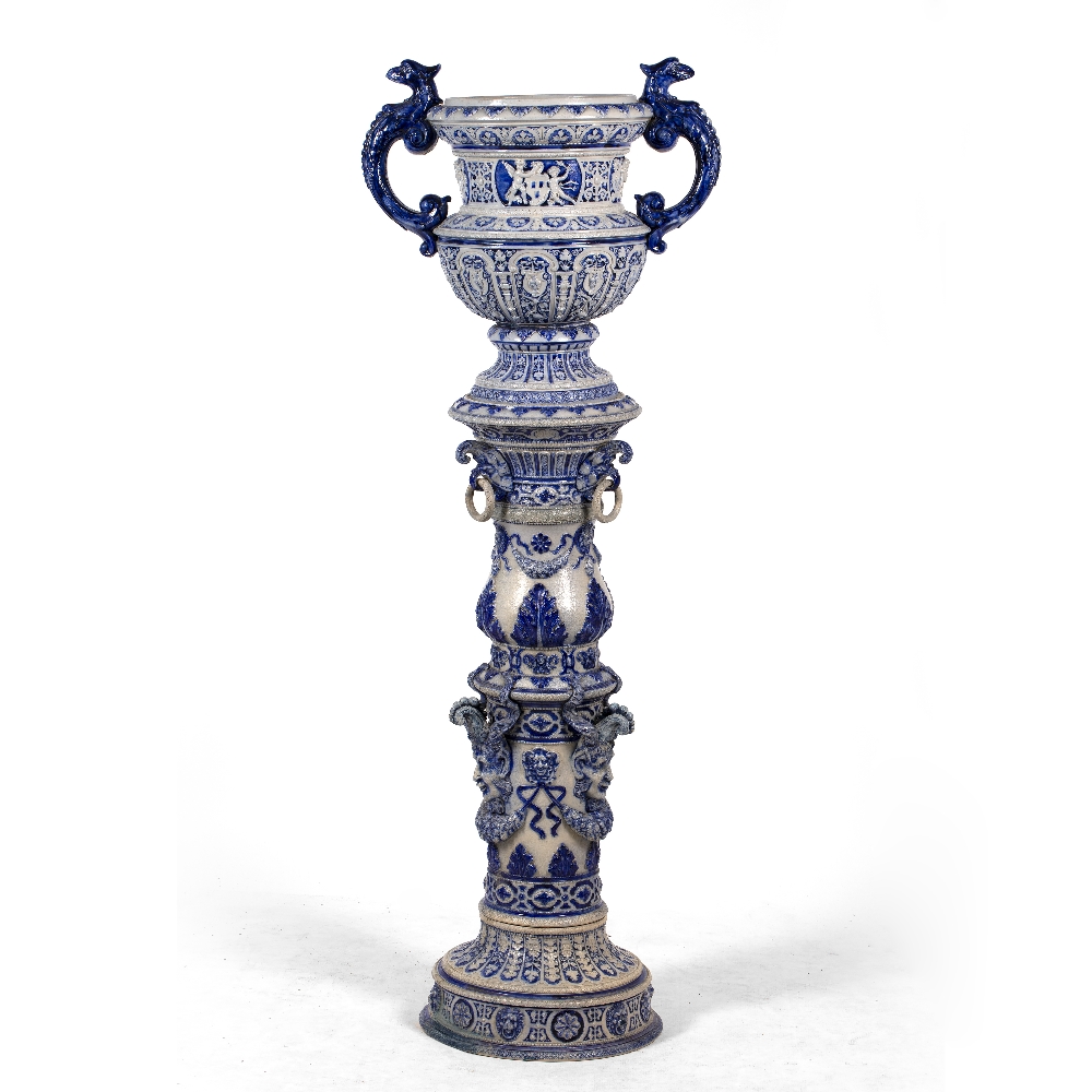 A LATE 19TH CENTURY GERMAN STONEWARE URN and similar stand, decorated in blue, the urn with eagles - Bild 10 aus 10