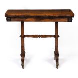 A WILLIAM IV ROSEWOOD RECTANGULAR TOPPED FOLD OVER CARD TABLE with green baize lined interior,