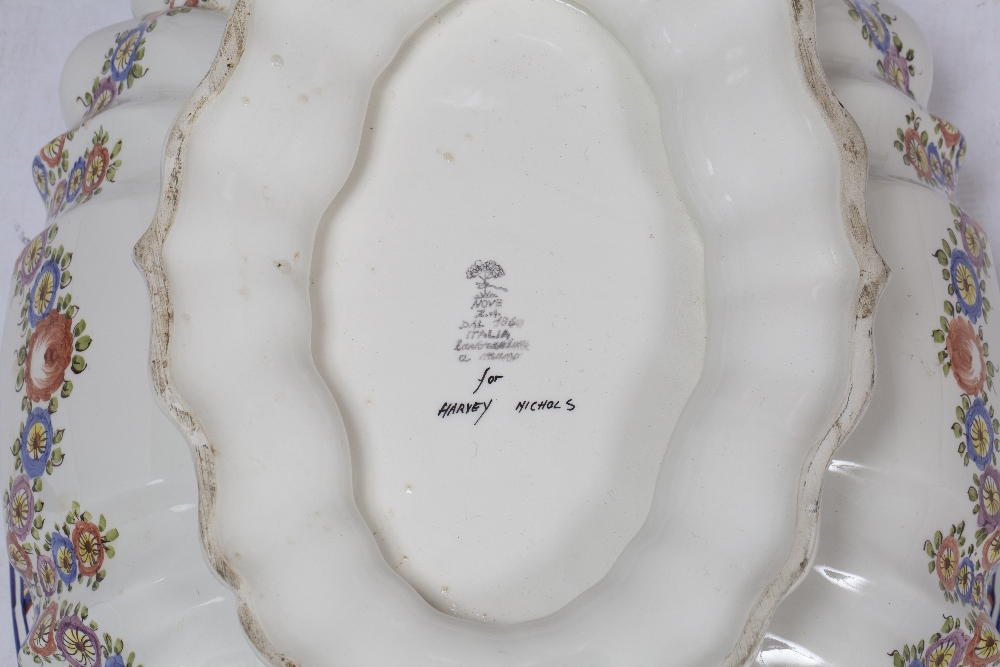 AN ITALIAN TIN GLAZED POTTERY OVAL TUREEN AND STAND decorated with floral swags, marked beneath - Image 2 of 4