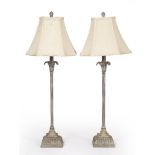 A PAIR OF CONTEMPORARY PAINTED CAST MENTAL TABLE LAMPS with narrow reeded stems and square section