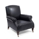 A VICTORIAN BLACK LEATHER UPHOLSTERED DEEP ARMCHAIR with scrolling arms, turned front legs and brass