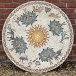 A CIRCULAR GARDEN TABLE TOP with mosaic inlay depicting exotic animals beneath flowering trees
