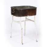 A 19TH CENTURY COPPER JAM PAN mounted on a wrought iron stand, 48cm wide x 39.5cm deep x 65cm high