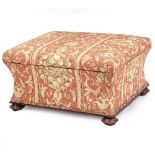 A VICTORIAN BOX OTTOMAN with overstuffed upholstered hinged lid, waisted sides and turned feet and