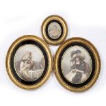 A PAIR OF VERRE EGLOMISE OVAL PORTRAIT PRINTS in gadrooned gilt frames, the frames measuring 30.