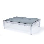 A CONTEMPORARY PERSPEX COFFEE TABLE with glass inset top, 143.5 x 108 x 40cm