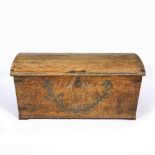 A LARGE CONTINENTAL PAINTED PINE DOME TOP TRUNK with iron bound corners and carrying handles to