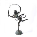 A CONTEMPORARY BRONZE SCULPTURE of a girl running whilst holding a ribbon on a circular base