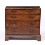 A GEORGIAN MAHOGANY SMALL SIZE CHEST OF FOUR GRADUATED DRAWERS standing on bracket feet, 85.5cm wide