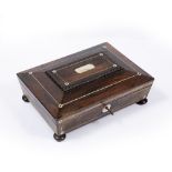 A REGENCY ROSEWOOD WORKBOX of sarcophagus form with pewter and mother of pearl inlay, the interior