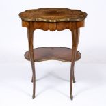 AN EARLY 20TH CENTURY CONTINENTAL WALNUT KIDNEY SHAPED TWO TIER OCCASIONAL TABLE with marquetry