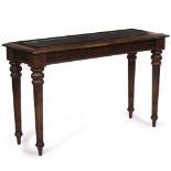 A CONTEMPORARY HARDWOOD RECTANGULAR CONSOLE TABLE with caned and glass inset top standing on