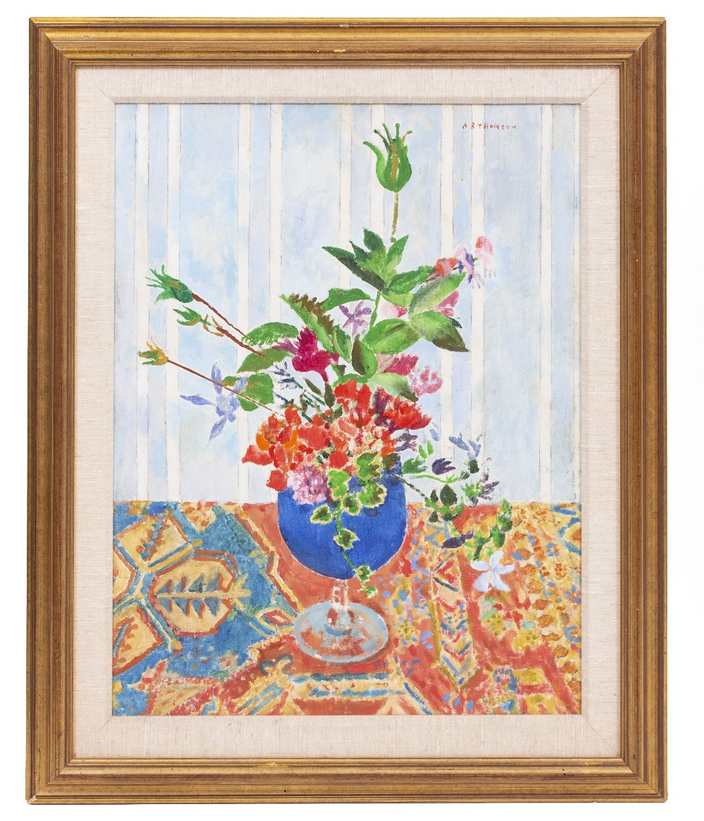 ALFRED REGINALD THOMSON (1895-1979) Flowers on a carpet, still life, oil on board, signed upper - Bild 2 aus 2