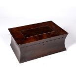 AN EARLY TO MID 19TH CENTURY ARBUTUS WOOD VENEERED LADIES WORKBOX with waisted sides, the remains of