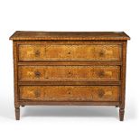 A LATE 18TH CENTURY NORTH ITALIAN MARQUETRY COMMODE with three long drawers, later brass handles,