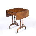 A VICTORIAN MAHOGANY DROP LEAF TABLE with turned supports, splaying feet and brass casters, a single