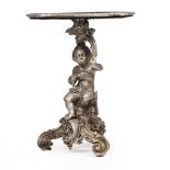 A CARVED AND GESSO MOULDED SILVER PAINTED TABLE BASE OR STAND with cherubs supporting a shaped
