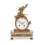 A LATE 19TH CENTURY FRENCH ORMOLU AND MARBLE MANTLE CLOCK the drum case surmounted by cupid