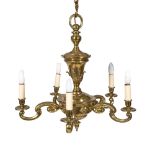 A DECORATIVE FIVE BRANCH BRASS HANGING ELECTROLIER approximately 60cm wide x 58cm high