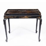 A GEORGE III BLACK LACQUERED AND CHINOISERIE DECORATED TRAY TOP TABLE the removable tray with
