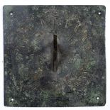 AN OLD BRONZE SUN DIAL PLATE with pierced nomad engraved with roman numerals and motto 'The