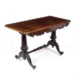 A WILLIAM IV ROSEWOOD CENTRE TABLE chamfered edge top with a caned scrolling frieze and central