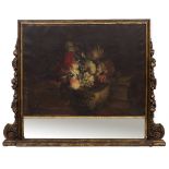 A 19TH CENTURY GILT FRAMED OVERMANTLE with still life on canvas of flowers in a bowl on a stone