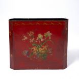 A RED LACQUERED TOLEWARE FLOWER PAINTED STICK STAND with canted corners measuring 58cm x 17cm x 55.