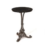A VICTORIAN CIRCULAR SLATE TOPPED OCCASIONAL TABLE with cast iron tripod base and with scrolling