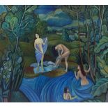 20TH CENTURY CZECH SCHOOL Bathers by a river, oil on canvas, set within a strip wood frame, 91cm x