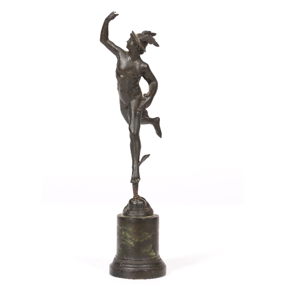 A SMALL ANTIQUE BRONZE SCULPTURE OF MERCURY flying with winged helmet and shoes, mounted on a - Image 3 of 6