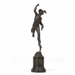 A SMALL ANTIQUE BRONZE SCULPTURE OF MERCURY flying with winged helmet and shoes, mounted on a