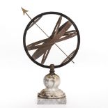 A BRASS ARMILLARY TYPE SUN DIAL with a turned marble stand with square plinth, 33cm diameter and