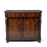 A 19TH CENTURY CONTINENTAL FLAME MAHOGANY MARBLE TOPPED SIDE CABINET with single frieze drawer