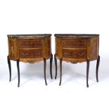 A MATCHED PAIR OF CONTINENTAL HARDWOOD VENEERED MARBLE TOPPED DEMILUNE SIDE TABLES with twin drawers