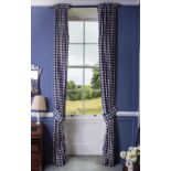 TWO PAIRS OF CHEQUERED NAVY AND WHITE CURTAINS with a singular frilled edge, each measuring 293cm