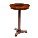A 19TH CENTURY ROSEWOOD CIRCULAR OCCASIONAL TABLE with plain column support, triform base and turned