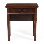 AN UNUSUAL GEORGE III MAHOGANY TEA TABLE with fold over top and drop leaf to one side, standing on