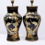 A PAIR OF PAPIER MACHE BLACK LACQUERED CHINOISERIE DECORATED TABLE LAMPS, 23cm wide at the