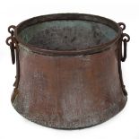 AN ANTIQUE COPPER VESSEL OR LOG BIN of cylindrical tapering form with iron handles, 45cm diameter