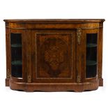 A VICTORIAN WALNUT AND SATINWOOD INLAID CREDENZA with gilt mounts, a central panel door flanked by