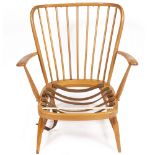 AN ERCOL SPINDLE BACK ARMCHAIR FRAME 74cm wide x 74cm deep x 82cm high Condition: strapping missing,