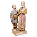 A 19TH CENTURY TERRACOTTA FIGURAL GROUP of a boy and a girl on a plinth base, 123cm high overall