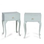 A PAIR OF GREEN PAINTED BOW FRONTED BEDSIDE TABLES each with a single drawer and standing on
