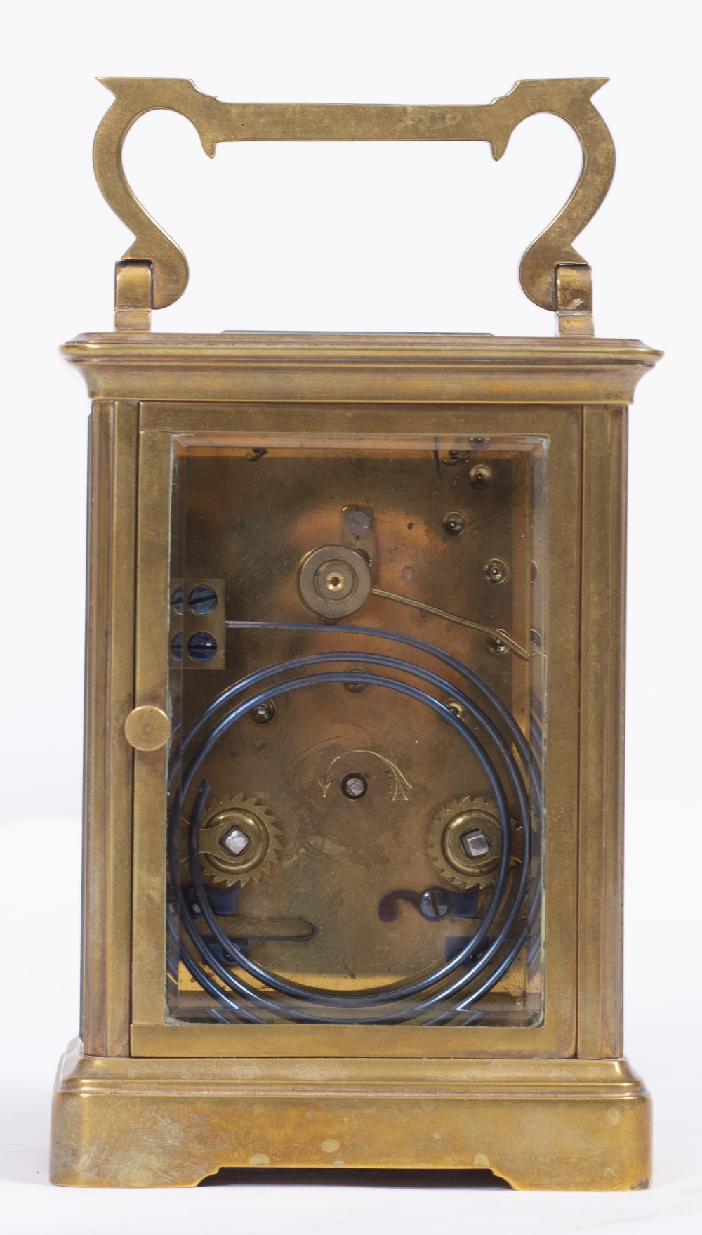 A BRASS CARRIAGE CLOCK, with enamel dial, striking the hours and half hours in a gong, 17cm high - Image 3 of 5