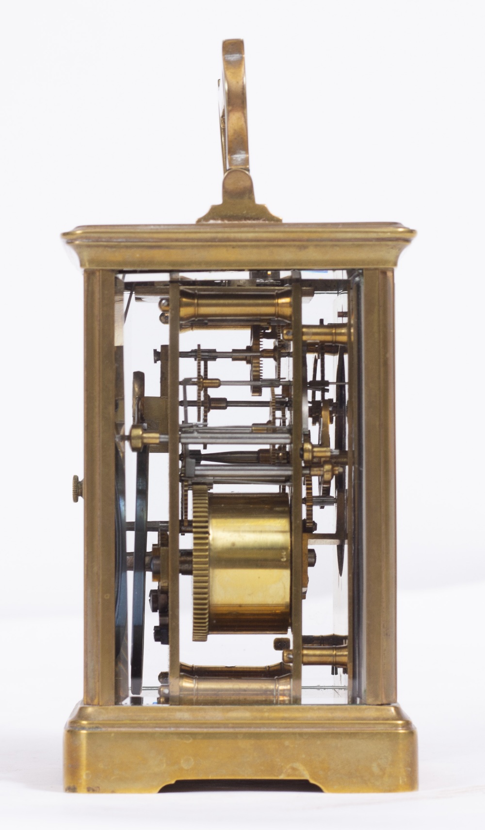 A BRASS CARRIAGE CLOCK, with enamel dial, striking the hours and half hours in a gong, 17cm high - Image 4 of 5