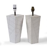 A PAIR OF CONTEMPORARY CERAMIC TABLE LAMPS of square section tapering form with green line