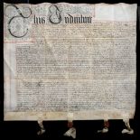 A 17TH CENTURY FRAMED INDENTURE ON VELLUM with two wax seals still attached, the frame 82cm square