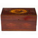 A GEORGIAN WALNUT AND ROSEWOOD CROSSBANDED RECTANGULAR BOX the lid with central oval picture